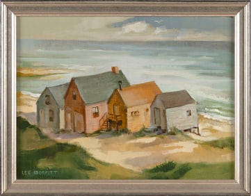 LEE MOFFITT (America, 1904-1980), Shacks on the bay., Oil on canvas, 14" x 20". Framed 17.5" x 23".