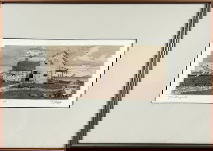 DAVID HUNTER (America, 1947-), "Dory Man's House"., Etching on paper, 5.5" x 11" sight. Framed 12" x: DAVID HUNTERAmerica, 1947-"Dory Man's House". Signed, titled and numbered 100/100 in pencil lower margin.Etching on paper, 5.5" x 11" sight. Framed 12" x 17".