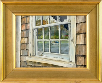 AMERICAN SCHOOL (Contemporary,), A moored catboat reflected in a window., Oil on canvas, 12" x 16".