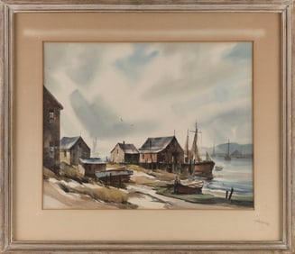 JOHN CUTHBERT HARE (Massachusetts/Florida, 1908-1978), Fishing village., Watercolor on paper, 16.5"