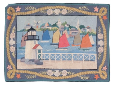 VINTAGE CLAIRE MURRAY NANTUCKET-THEMED HOOKED WOOL RUG 20th Century 38" x 50".