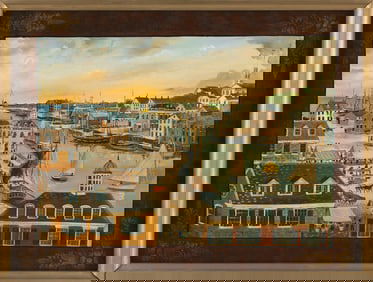 ELIZABETH MUMFORD (Massachusetts, 1950-2020), Bustling port scene., Oil on canvas, 18" x 24". Framed