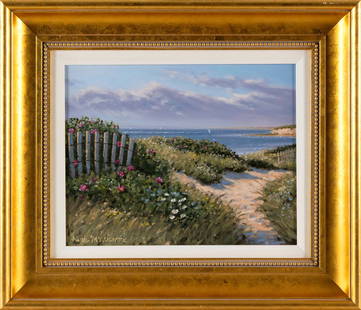 NEIL MCAULIFFE (Massachusetts, Contemporary), "Bay Side Path, Cape Cod"., Oil on canvas, 11" x 14".: NEIL MCAULIFFEMassachusetts, Contemporary"Bay Side Path, Cape Cod". Signed lower left "Neil McAuliffe". Titled verso.Oil on canvas, 11" x 14". Framed.