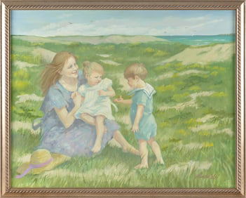 NANCY M. COLE (Massachusetts, 1930-2016), A mother and children in the dunes., Oil on canvas, 24" x