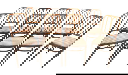 EIGHT THONET BENTWOOD DINING CHAIRS IN THE STYLE OF JACOB & JOSEPH KOHN Frankenberg, Germany, Circa: EIGHT THONET BENTWOOD DINING CHAIRS IN THE STYLE OF JACOB & JOSEPH KOHNFrankenberg, Germany, Circa 1920Seats with striped upholstery. Some retain original Thonet labels under seats.Back heights 35". S