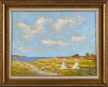 VERNON GEORGE BROE (Maine/Illinois, 1930-2011), Two young girls in the dune grass., Oil on board,