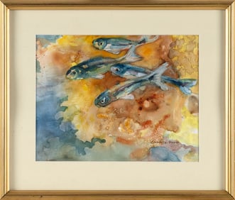 ELIZABETH HAYES PRATT (Massachusetts, 1927-2015), "Fishy Business"., Watercolor on paper, 8.5" x