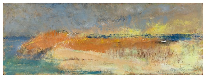 MAYO SORGMAN (Massachusetts/New Mexico, 1912-2006), Beach scene., Oil on masonite, 16" x 44".