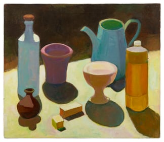 M. ZENA LESSER (Massachusetts, 1926-2022), Tabletop still life., Oil on canvas, 22" x 26". Unframed.
