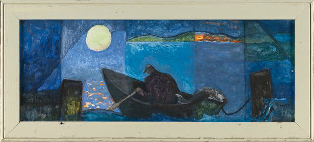 DOROTHY LAKE GREGORY (Massachusetts, 1893-1970), "Ross in Boat"., Oil on board, 7.25" x 19.5".
