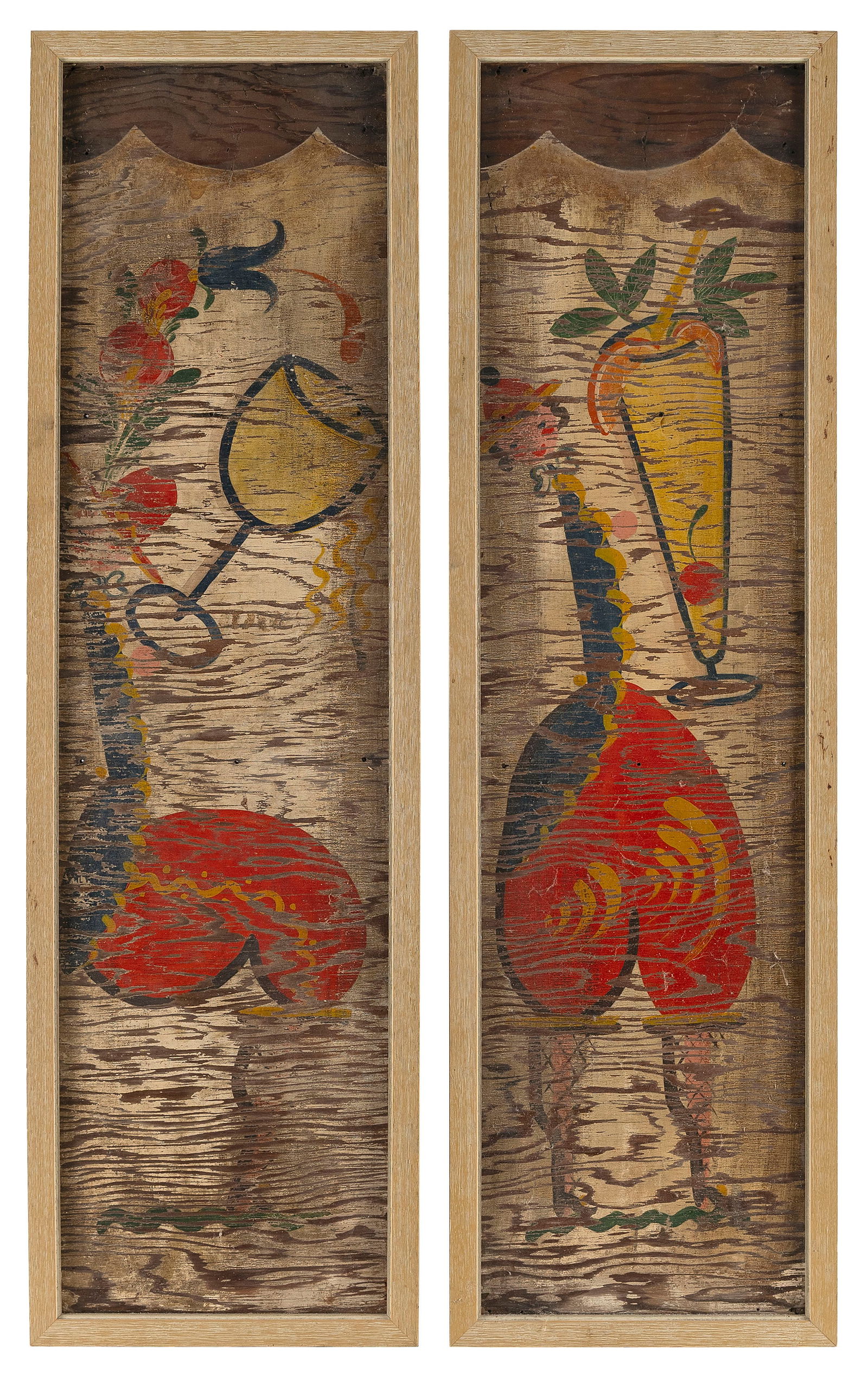 PETER HUNT (Massachusetts, 1896-1967), Two double-sided panels depicting figures, bottles and: PETER HUNTMassachusetts, 1896-1967Two double-sided panels depicting figures, bottles and cocktail glasses. Panels taken from a bookcase. Once belonged to Alice Brock of Provincetown. One signed in a w