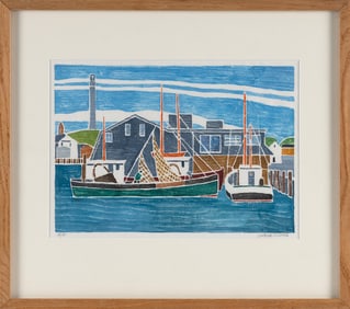 LINDSAY CHARLES (Massachusetts, Contemporary), Provincetown Harbor., White-line color woodblock