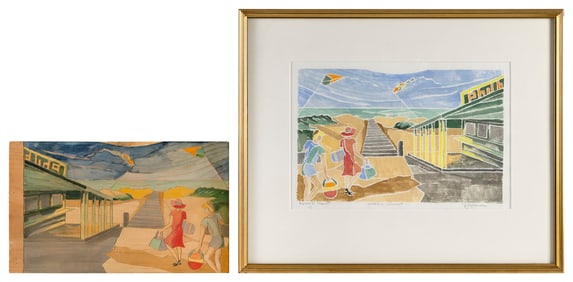 VIRGINIA GOLDMAN (Massachusetts, 1913-2002), "Morning at Nauset"., White-line color woodblock print,