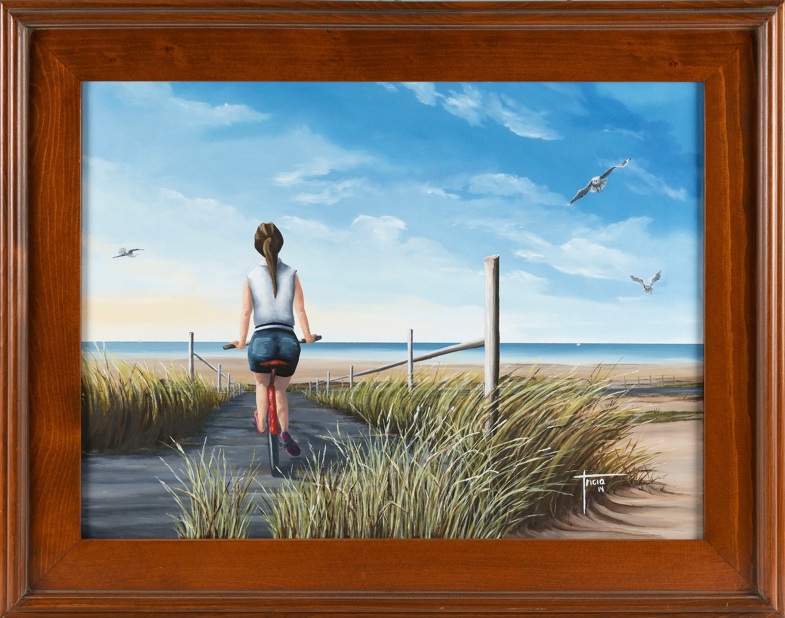 TRICIA CARON (America, Contemporary), "Ride Along"., Oil on canvas, 18" x 24". Framed 24" x 30".: TRICIA CARON America, Contemporary "Ride Along". Signed and dated lower right "Tricia 14". Oil on canvas, 18" x 24". Framed 24" x 30".