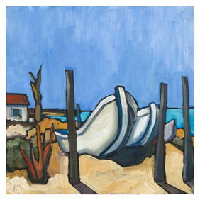 MICHAEL MCGUIRE (Massachusetts, 1953-), "Beached #3"., Oil on board, 12" x 12". Unframed.