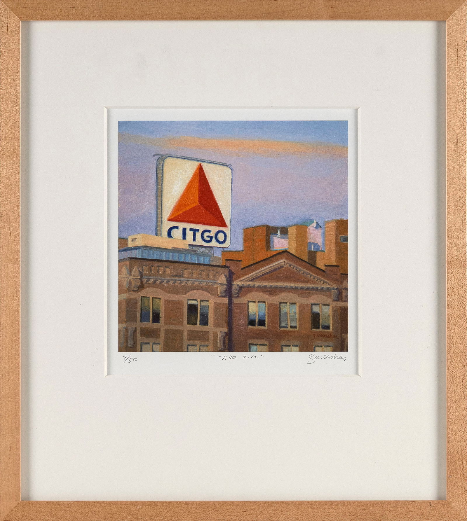 JOYCE GARDNER ZAVORSKAS (Massachusetts, 1945-), "7:30 am"., Print, 10" x 9" sight. Framed 19" x 17".: JOYCE GARDNER ZAVORSKASMassachusetts, 1945-"7:30 am". Signed, titled and numbered 7/50 lower margin.Print, 10" x 9" sight. Framed 19" x 17".