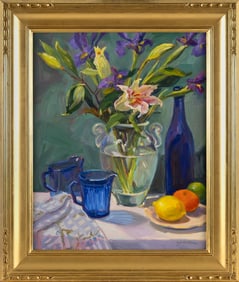 JOYCE GARDNER ZAVORSKAS (Massachusetts, 1945-), "Lilies and Iris"., Oil on linen, 20" x 16". Framed