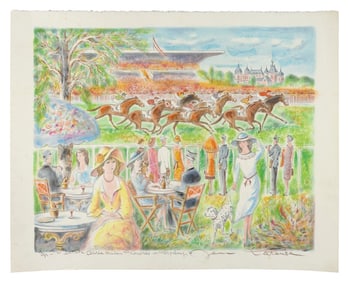LITHOGRAPH WITH EXTENSIVE HAND-COLORING IN PASTELS DEPICTING THE RACES AT LONGCHAMP BY JEAN LAREUSE