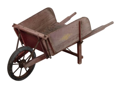 STENCIL-DECORATED WOODEN WHEELBARROW Early 20th Century Length 67".