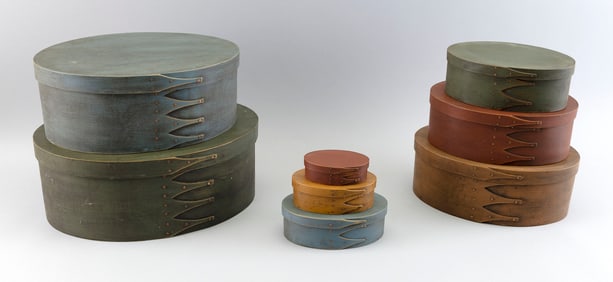 SET OF NINE OVAL PAINTED WOODEN NESTING PANTRY BOXES BY R. LEHAY Solon, Maine, Contemporary Lengths