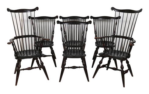 SET OF SIX PETER Q. LIBBEY (MAINE, 1944-2018) PAINTED WINDSOR CHAIRS Rockland, Maine, Contemporary: SET OF SIX PETER Q. LIBBEY (MAINE, 1944-2018) PAINTED WINDSOR CHAIRSRockland, Maine, ContemporaryFour side chairs and two armchairs. Signed on undersides "Peter Libbey".Back heights 46.5". Seat height
