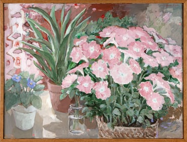 JUNE OWEN (America, 1930-2023), Petunias., Acrylic on canvas, 15" x 20". Framed 16" x 21".