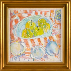 LILLIA FRANTIN (America, 20th Century), Still life of seashells and green apples., Oil on canvas,
