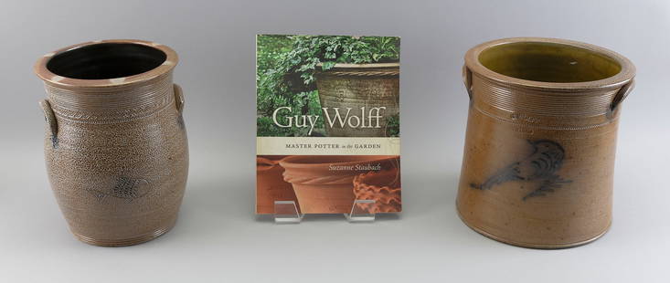 GUY WOLFF (America, Contemporary), Two stoneware crocks: GUY WOLFFAmerica, ContemporaryTwo stoneware crocks: 1) Bird decoration. Stamped "G. Wolff Truro". Signed and dated 2013 on base. Height 9".2) Incised fish decoration. Signed and marked "Truro 2012" on