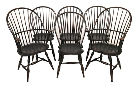 SET OF SIX D.R. DIMES BOW-BACK WINDSOR CHAIRS New Hampshire, 20th Century Armchair heights 41.5".