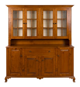D.R. DIMES TIGER MAPLE TWO-PART HUTCH CUPBOARD New Hampshire, Contemporary Height 80.5". Width 72".