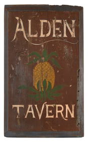 "ALDEN TAVERN" PAINTED WOODEN SIGNBOARD Connecticut, 20th Century Height 32". Length 19".