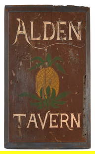"ALDEN TAVERN" PAINTED WOODEN SIGNBOARD Connecticut, 20th Century Height 32". Length 19".: "ALDEN TAVERN" PAINTED WOODEN SIGNBOARDConnecticut, 20th CenturyFrom Alden Tavern, Lebanon, Connecticut. Chestnut or oak panel with white lettering surrounding a pineapple, the symbol of hospitality.H