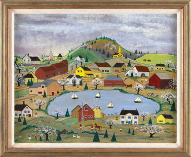 EDWIN ARTHUR JOHNSON (New York, 1934-2015), "After the Rain", a folk art townscape with a pond., Oil: EDWIN ARTHUR JOHNSONNew York, 1934-2015"After the Rain", a folk art townscape with a pond. Signed and dated lower right "E. Johnson 2/1986". Titled verso.Oil on board, 16" x 20". Framed 19" x 23". Pro