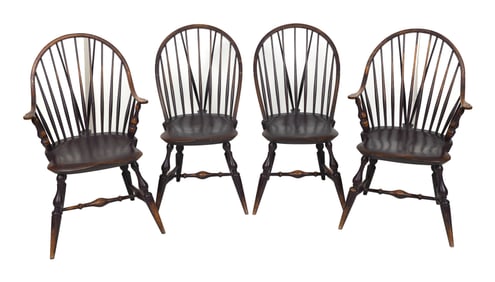 FOUR PAINTED WINDSOR CHAIRS Contemporary Back heights 34.5". Seat heights 17".