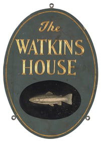 PAUL WHITE (Massachusetts, Contemporary), "The Watkins House", a carved and polychromed wooden sign,
