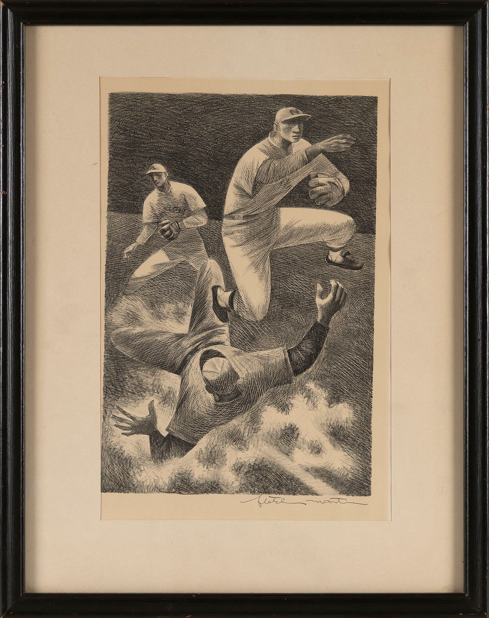 FLETCHER MARTIN (California/Colorado, 1904-1979), "Double Play"., Lithograph, 12.5" x 8.25". Framed: FLETCHER MARTINCalifornia/Colorado, 1904-1979"Double Play". Published by Associated American Artists, New York, with their label on the frame back. Signed in pencil lower right.Lithograph, 12.5" x 8.2