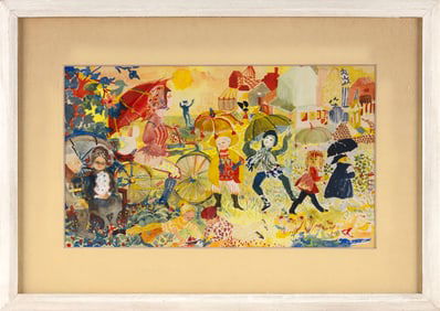 CONTINENTAL SCHOOL (20th Century,), Whimsical scene of figures in a park., Watercolor on paper, 8" x