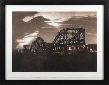 AMERICAN SCHOOL (Late 20th Century,), "Coney Island Roller Coaster"., Lithograph printed in brown