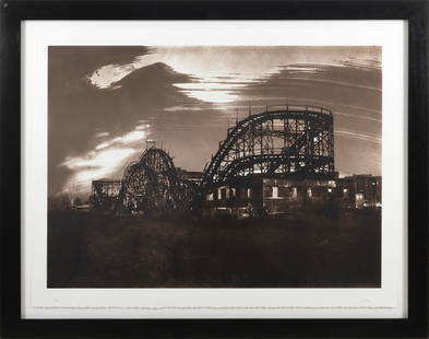 AMERICAN SCHOOL (Late 20th Century,), "Coney Island Roller Coaster"., Lithograph printed in brown: AMERICAN SCHOOLLate 20th Century"Coney Island Roller Coaster". Illegibly signed and numbered 3/10 in pencil lower margin.Lithograph printed in brown and black, 30.25" x 40.25". Framed 41.5" x 51.5".