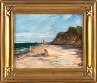JEROME GREENE (America, Contemporary), Figures at the ocean., Oil on board, 8" x 10". Framed 12" x