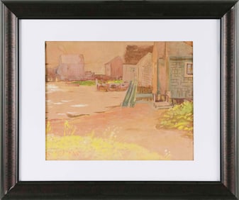 HAROLD C. DUNBAR (Massachusetts, 1882-1953), Fishing shacks., Watercolor and gouache on paper, 11" x