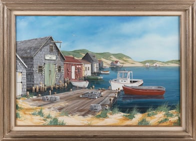 JAMES MADDOCKS (Massachusetts, Contemporary), Harbor scene., Oil on canvas, 24" x 36". Framed 30" x