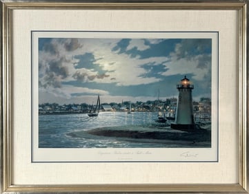 JOHN STOBART (Massachusetts/Florida/England, 1929-2023), "Edgartown Harbor Under a Full Moon".,