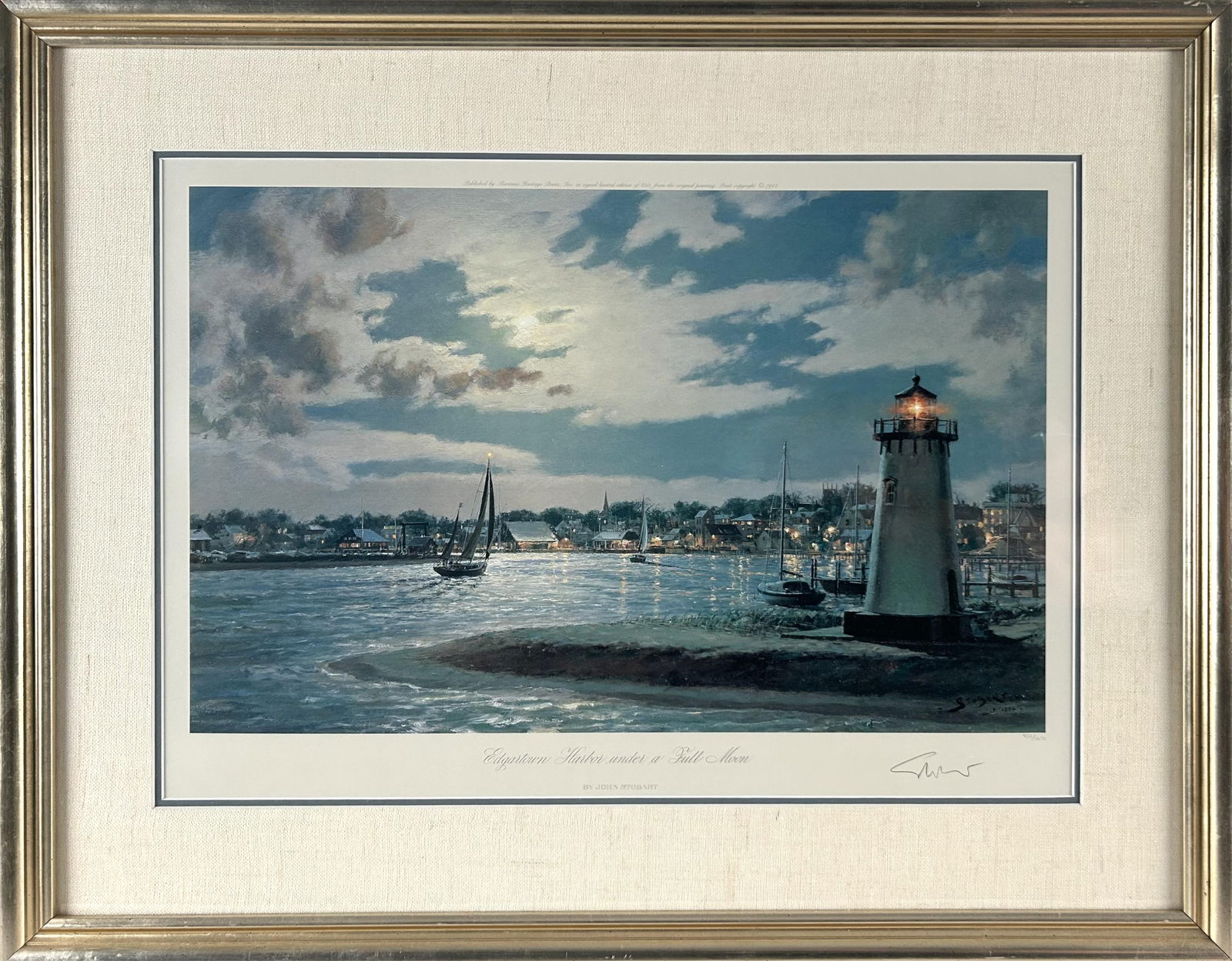 JOHN STOBART (Massachusetts/Florida/England, 1929-2023), "Edgartown Harbor Under a Full Moon".,: JOHN STOBARTMassachusetts/Florida/England, 1929-2023"Edgartown Harbor Under a Full Moon". Signed in pencil lower right. Numbered 432/450.Lithograph, 15" x 22" sight. Framed 22.75" x 28.75".