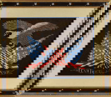 PATRIOTIC NEEDLEWORK The Philippines, Early 20th Century 15.5" x 19.5" sight. Framed 25" x 29".: PATRIOTIC NEEDLEWORKThe Philippines, Early 20th CenturyDepicts a spread-wing eagle perched on a Liberty shield flanked by draped American flags. "E Pluribus Unum" banner below.15.5" x 19.5" sight. Fra