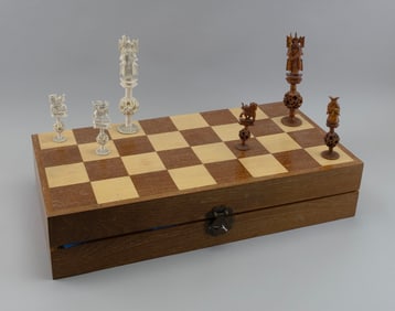 CHESS SET Early 20th Century Board folded height 5". Width 24". Depth 12".