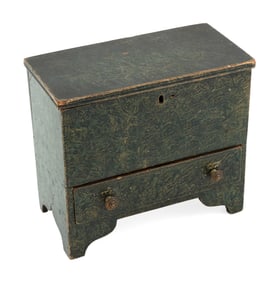 MINIATURE PUTTY-PAINTED PINE CHEST (Early to mid 19th Century)Height 8.25". Width 9.5". Depth 4.75".