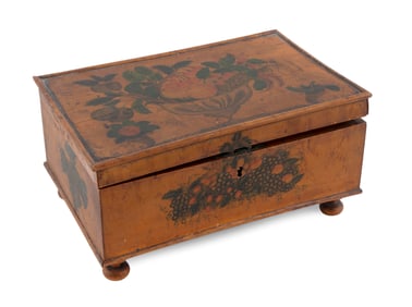 PAINT-DECORATED BIRD'S-EYE MAPLE DRESSER BOX America, Circa 1820 Height 6.25". Width 12.25". Depth