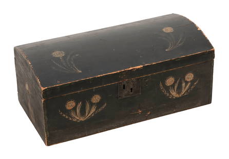 DIMINUTIVE PAINT-DECORATED BLANKET CHEST 19th Century Height 11". Width 26.25". Depth 13.5".: DIMINUTIVE PAINT-DECORATED BLANKET CHEST19th CenturyPossibly for a child. Decoration of cream-colored dandelions against a dark green-black ground. Hinged domed top.Height 11". Width 26.25". Depth 13.