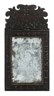COUNTRY QUEEN ANNE PAINT-DECORATED MIRROR 18th Century Height 17.5". Width 9".: COUNTRY QUEEN ANNE PAINT-DECORATED MIRROR18th CenturyWhite floral sprigs and flourishes against a black ground.Height 17.5". Width 9". Provenance:The Collection of Martha Hamilton.